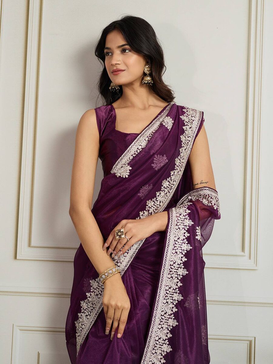 NEW ARRIVAL TWILL NET EMBROIDERY SEQUENCE WORK SAREE WITH UNSTITCHED BLOUSE PARTY WEAR WHOLESALE PRICE ETHNIC GARMENT (4)