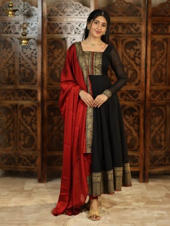 NEW ARRIVAL VICHITRA SILK JACQUARD LACE WORK ANARKALI TOP WITH DUPATTA BLACK