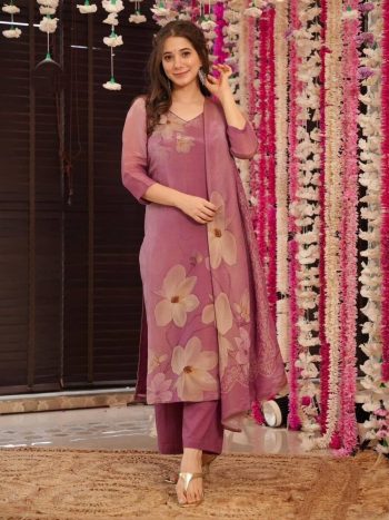 NEW ARRIVAL ZARNA SILK PRINTED WORK TOP BOTTOM WITH DUPATTA WINE