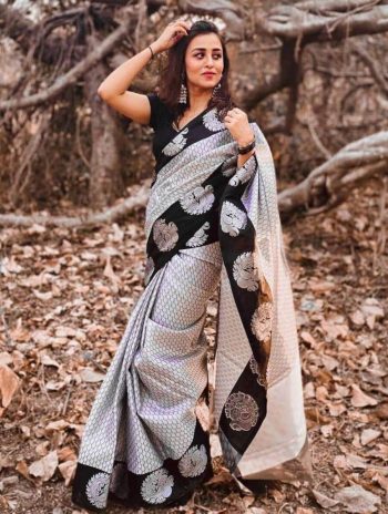 RICH LOOK ART SILK RICH PALLU & JACQUARD  PATTERN WORK SAREE WITH UNSTITCHED BLOUSE GREY