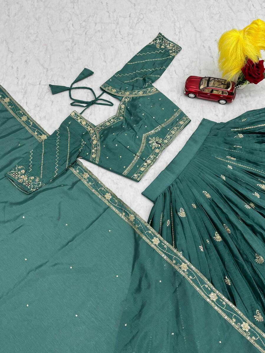 RICH LOOK CHINON EMBROIDERY THREAD & SEQUENCE WORK LEHENGA CHOLI WITH DUPATTA WEDDING WEAR WHOLESALE PRICE ETHNIC GARMENT (1)