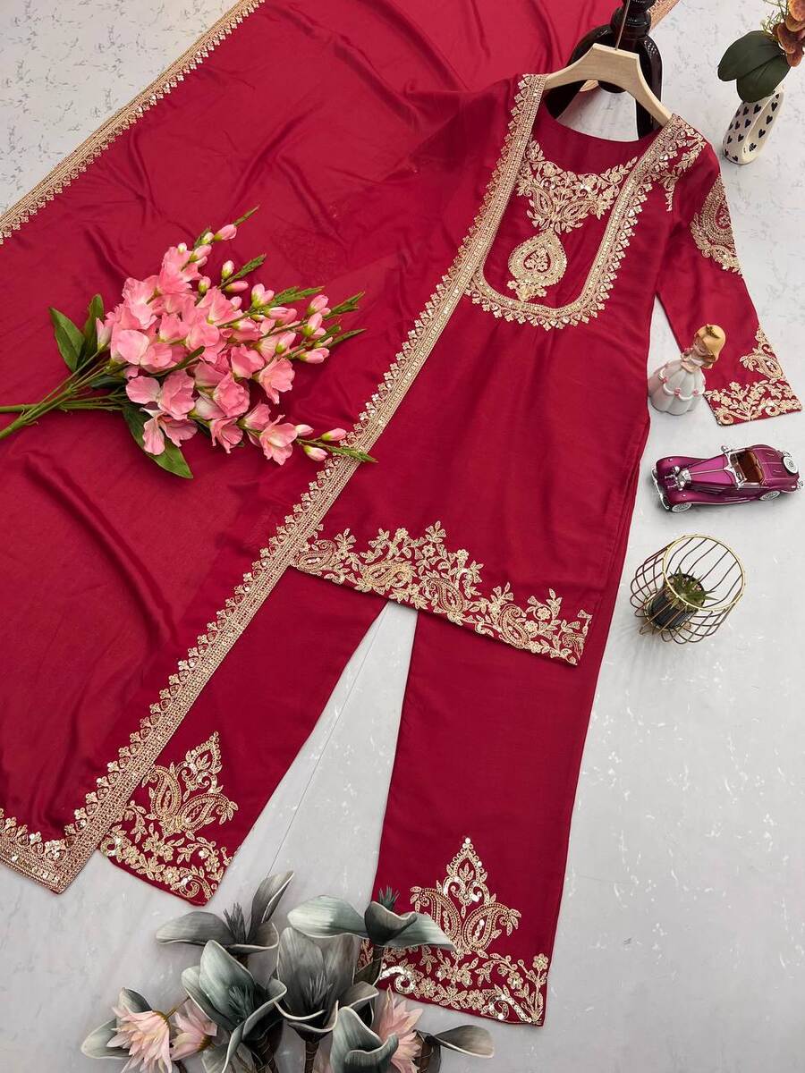 RICH LOOK CHINON SILK EMBROIDERY CODING & SEQUENCE WORK TOP BOTTOM WITH DUPATTA FUNCTIONAL WEAR WHOLESALE PRICE ETHNIC GARMENT (11)