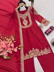 RICH LOOK CHINON SILK EMBROIDERY CODING & SEQUENCE WORK TOP BOTTOM WITH DUPATTA FUNCTIONAL WEAR WHOLESALE PRICE ETHNIC GARMENT (24)