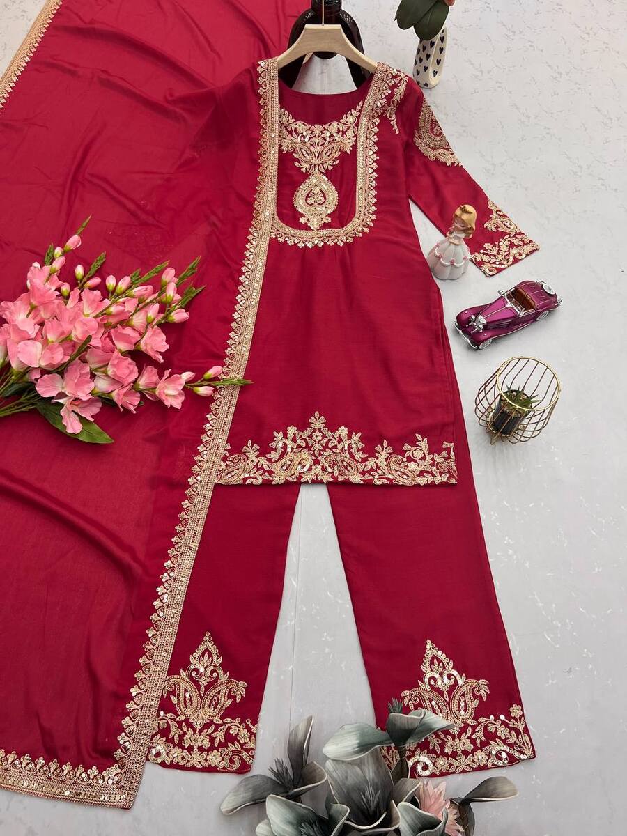 RICH LOOK CHINON SILK EMBROIDERY CODING & SEQUENCE WORK TOP BOTTOM WITH DUPATTA FUNCTIONAL WEAR WHOLESALE PRICE ETHNIC GARMENT (14)