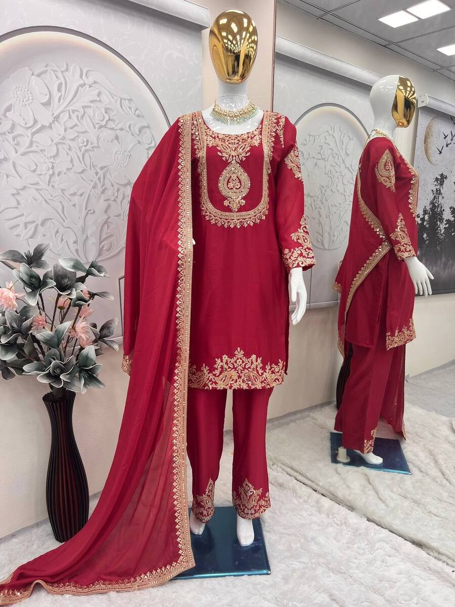RICH LOOK CHINON SILK EMBROIDERY CODING & SEQUENCE WORK TOP BOTTOM WITH DUPATTA FUNCTIONAL WEAR WHOLESALE PRICE ETHNIC GARMENT (16)