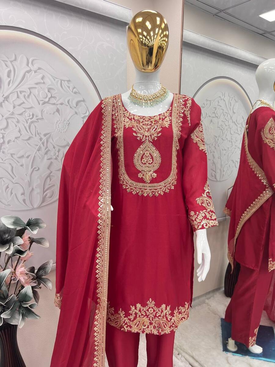 RICH LOOK CHINON SILK EMBROIDERY CODING & SEQUENCE WORK TOP BOTTOM WITH DUPATTA FUNCTIONAL WEAR WHOLESALE PRICE ETHNIC GARMENT (17)