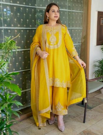 RICH LOOK CHINON SILK EMBROIDERY CODING & SEQUENCE WORK TOP BOTTOM WITH DUPATTA  YELLOW