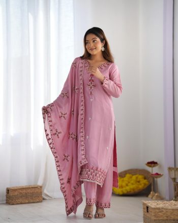 RICH LOOK CHINON SILK EMBROIDERY SEQUENCE WORK AND HEAVY LACE WORK TOP BOTTOM WITH DUPATTA  BABY PINK