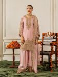 RICH LOOK CHINON SILK EMBROIDERY SEQUENCE WORK AND READY MADE LACE BORDER WORK TOP PALAZZO WITH DUPATTA BABY PINK