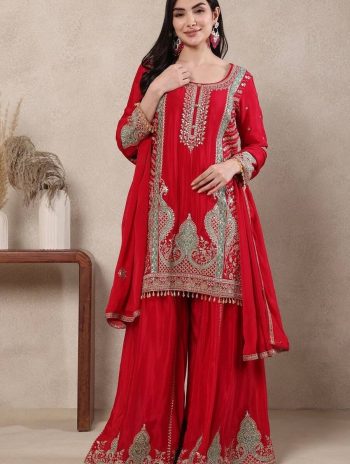 RICH LOOK CHINON SILK SEQUENCE EMBROIDERY WORK TOP PALAZZO WITH DUPATTA RED