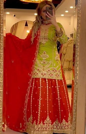 RICH LOOK CHINON SILK SEQUENCE EMBROIDERY WORK TOP PALAZZO WITH DUPATTA ORANGE
