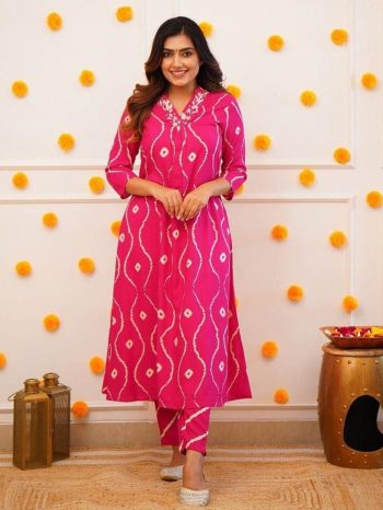 RICH LOOK COTTON BLEND PRINTED WITH EMBROIDERY WORK KURTI BOTTOM SET RANI