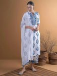 RICH LOOK COTTON BLEND PRINTED WORK TOP BOTTOM WITH DUPATTA WHITE