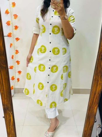 RICH LOOK COTTON RAYON DIGITAL PRINT WORK KURTI WITH PENT SET LEMON