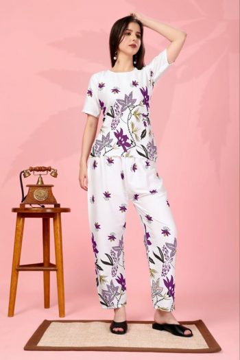 RICH LOOK DELTA MILL PRINT WORK TOP PENT CO-ORD SET PURPLE