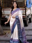 RICH LOOK DOLA SILK FLORAL DESIGN WITH CONTRAST WEAVING BORDER WORK SAREE WITH UNSTITCHED BLOUSE BLUE