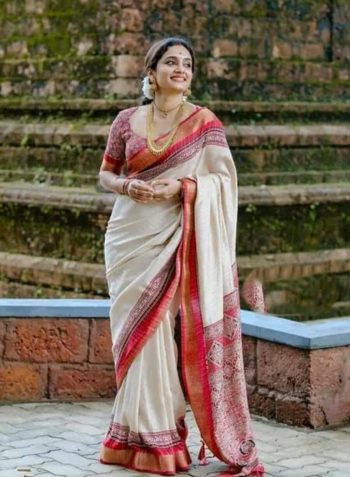 RICH LOOK DOLA SILK FLORAL DESIGN WITH CONTRAST WEAVING BORDER WORK SAREE WITH UNSTITCHED BLOUSE RED