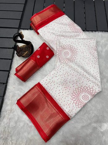 RICH LOOK DOLA SILK JACQUARD WEAVING BORDER AND BATIK PRINT WORK SAREE WITH UNSTITCHED BLOUSE RED