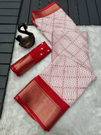 RICH LOOK DOLA SILK JACQUARD WEAVING BORDER AND BATIK PRINT WORK SAREE WITH UNSTITCHED BLOUSE RED