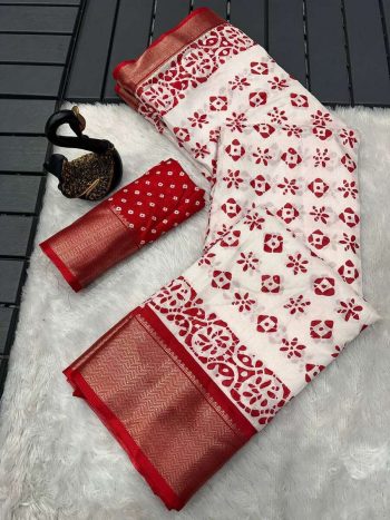 RICH LOOK DOLA SILK JACQUARD WEAVING BORDER AND BATIK PRINT WORK SAREE WITH UNSTITCHED BLOUSE RED