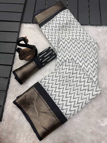 RICH LOOK DOLA SILK JACQUARD WEAVING BORDER AND BATIK PRINT WORK SAREE WITH UNSTITCHED BLOUSE  BLACK