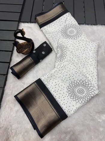 RICH LOOK DOLA SILK JACQUARD WEAVING BORDER AND BATIK PRINT WORK SAREE WITH UNSTITCHED BLOUSE  BLACK