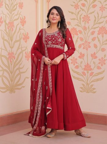 RICH LOOK FAUX BLOOMING BEADS EMBROIDERY WORK GOWN WITH DUPATTA RED