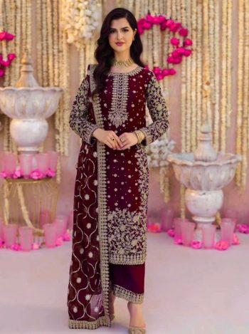 RICH LOOK FAUX GEORGETTE EMBROIDERY SEQUENCE AND BEADS WORK TOP PALAZZO WITH DUPATTA  RED