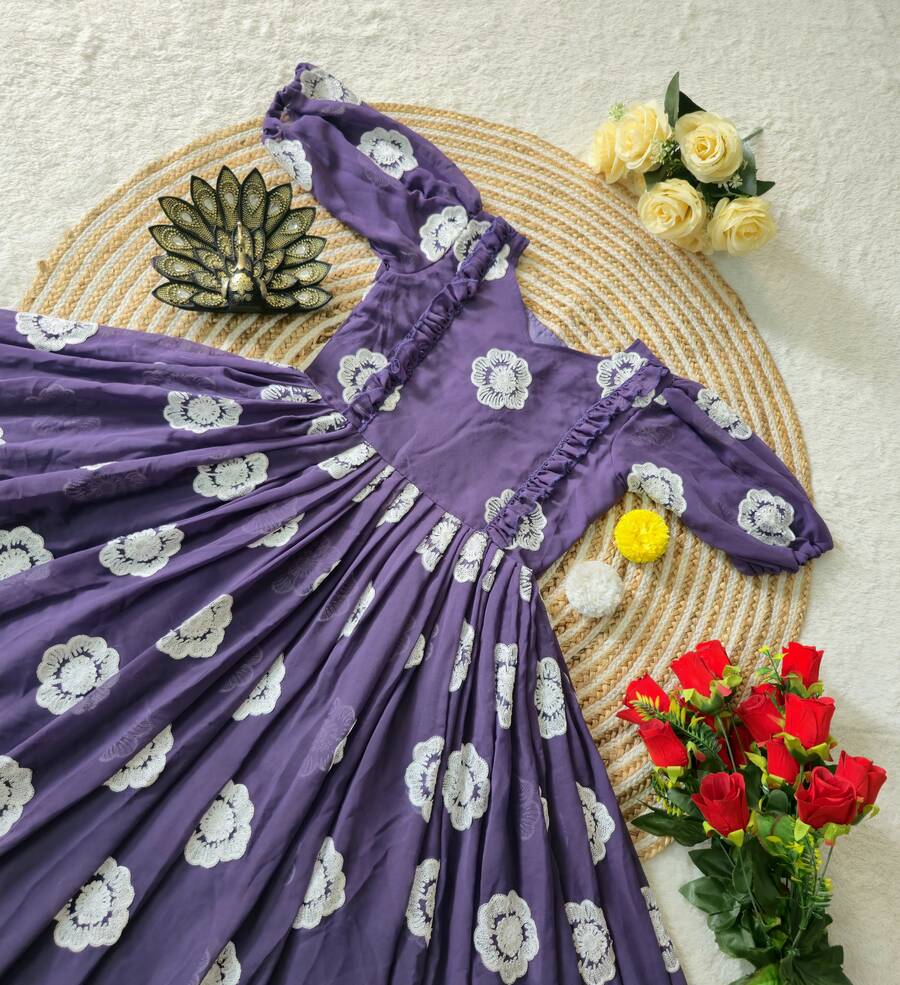 RICH LOOK FAUX GEORGETTE THREAD WORK ONE PIECE DRESS DAILY WEAR WHOLESALE PRICE ETHNIC GARMENT (1)