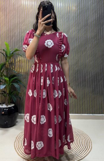 RICH LOOK FAUX GEORGETTE THREAD WORK ONE PIECE DRESS PINK