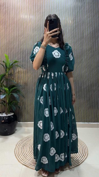 RICH LOOK FAUX GEORGETTE THREAD  WORK ONE PIECE DRESS TEAL