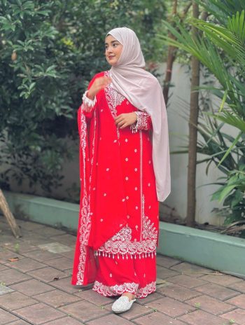 RICH LOOK GEORGETTE EMBROIDERY SEQUENCE WORK WITH FANCY LATKAN WORK TOP PALAZZO WITH DUPATTA  RED