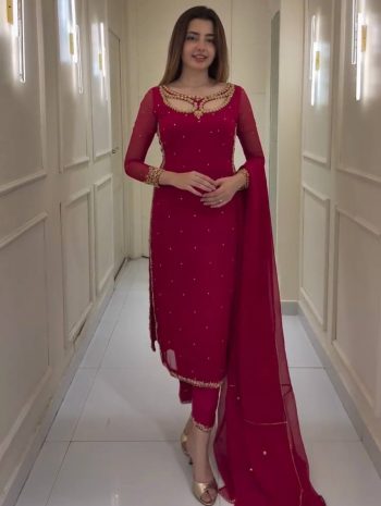 RICH LOOK GEORGETTE EMBROIDERY WORK WITH REAL PEARL MOTI WORK TOP BOTTOM WITH DUPATTA RANI