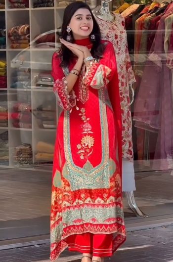 RICH LOOK GEORGETTE FANCY DIGITAL PRINT WITH REAL MIRROR & FANCY LACE WORK TOP PALAZZO WITH DUPATTA RED