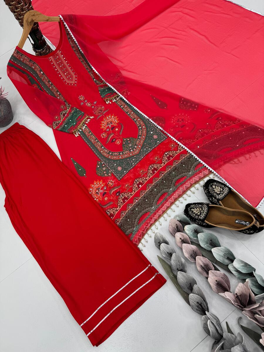 RICH LOOK GEORGETTE FANCY DIGITAL PRINT WITH REAL MIRROR & FANCY LACE WORK TOP PALAZZO WITH DUPATTA FESTIVE WEAR WHOLESALE PRICE ETHNIC GARMENT (6)