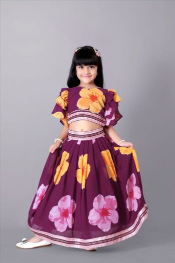 RICH LOOK GEORGETTE FLORAL DESIGN & LACE BORDER WORK KID'S LEHENGA CHOLI WITH DUPATTA WINE