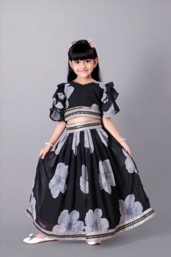 RICH LOOK GEORGETTE FLORAL DESIGN & LACE BORDER WORK KID'S LEHENGA CHOLI WITH DUPATTA BLACK