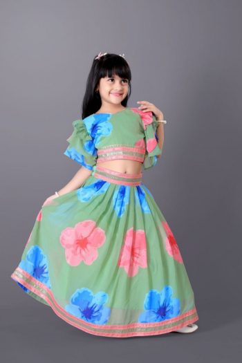 RICH LOOK GEORGETTE FLORAL DESIGN & LACE BORDER WORK KID'S LEHENGA CHOLI WITH DUPATTA GREEN