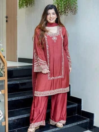 RICH LOOK GERMAN CHIFFON EMBROIDERY WORK TOP PALAZZO WITH DUPATTA CHIKU