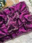 RICH LOOK JIMMY CHOO CUT DANA AND HANDWORK & SEQUENCE WITH CUT BORDER WORK SAREE WITH UNSTITCHED BLOUSE PURPLE