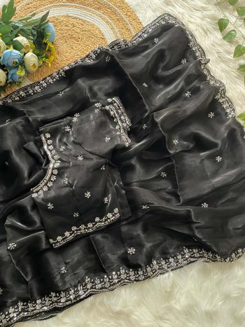 RICH LOOK JIMMY CHOO CUT DANA AND HANDWORK & SEQUENCE WITH CUT BORDER WORK SAREE WITH UNSTITCHED BLOUSE BLACK