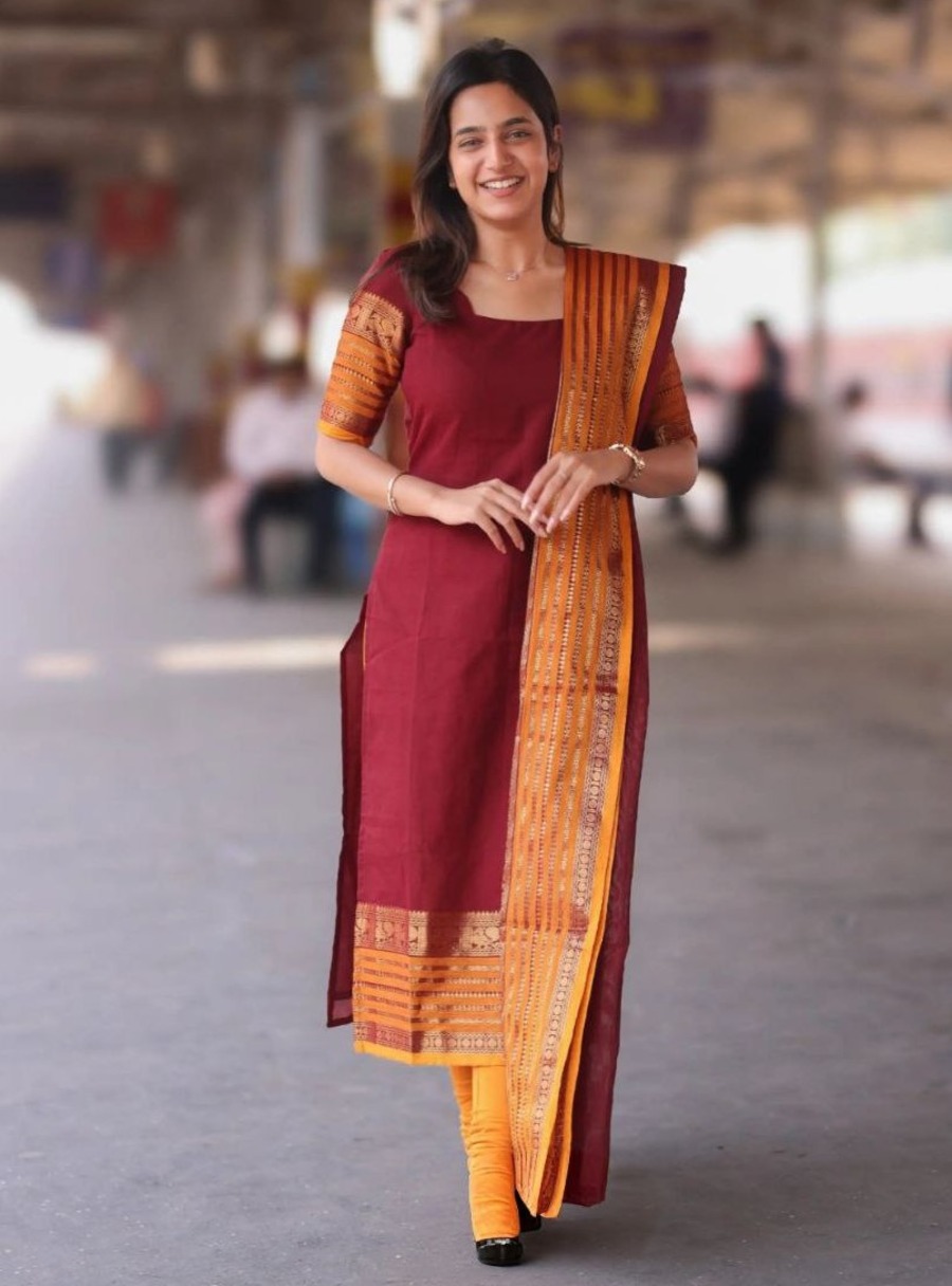 RICH LOOK KANCHI COTTON JACQUARD WEAVING WORK TOP WITH DUPATTA CASUAL WEAR WHOLESALE PRICE ETHNIC GARMENT (2)