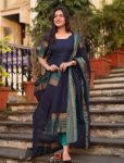 RICH LOOK KANCHI COTTON JACQUARD WEAVING WORK TOP WITH DUPATTA NAVY BLUE