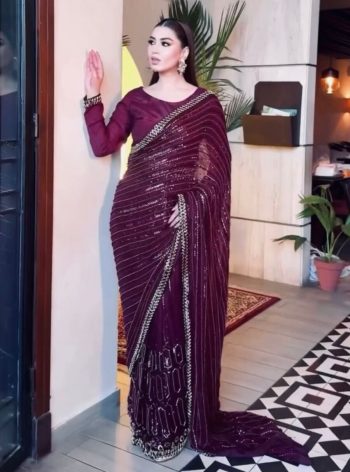 RICH LOOK KASTURI SILK SEQUENCE, THREAD & DORI WORK SAREE WITH UNSTITCHED BLOUSE WINE