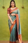 RICH LOOK LICHI SILK BANARASI WEAVING WORK SAREE WITH UNSTITCHED BLOUSE SKY