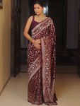 RICH LOOK LICHI SILK BANARASI WEAVING WORK SAREE WITH UNSTITCHED BLOUSE WINE