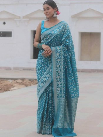 RICH LOOK LICHI SILK BANARASI WEAVING WORK SAREE WITH UNSTITCHED BLOUSE RAMA