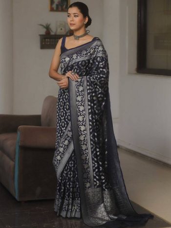 RICH LOOK LICHI SILK BANARASI WEAVING WORK SAREE WITH UNSTITCHED BLOUSE NAVY BLUE