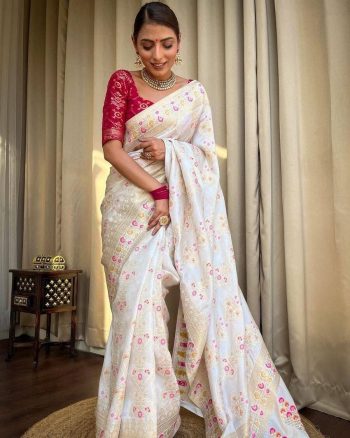 RICH LOOK LICHI SILK BANARASI WEAVING WORK SAREE WITH UNSTITCHED BLOUSE OFF WHITE