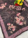 RICH LOOK LINEN FLORAL DIGITAL WITH FOIL PRINT WORK SAREE WITH UNSTITCHED BLOUSE BROWN